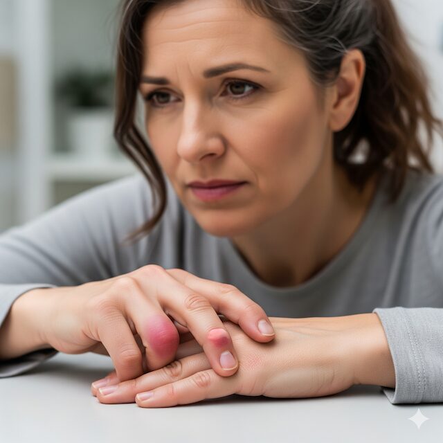 手の指の腫れと痛みで悩む女性