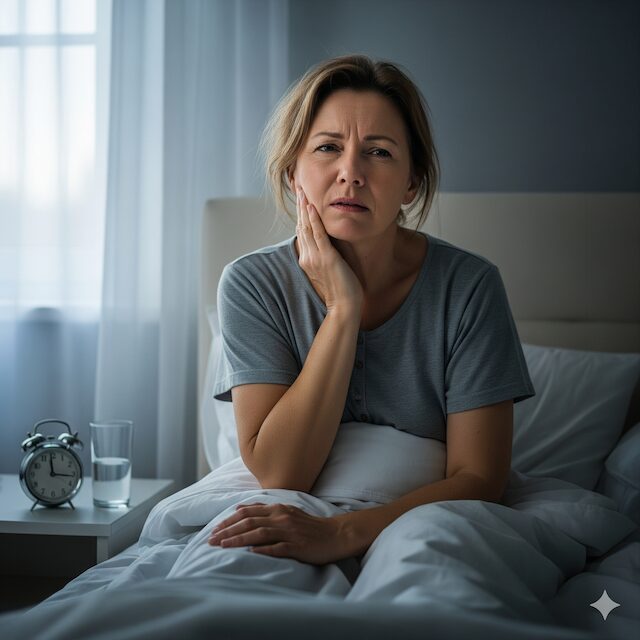 睡眠時のブラキシズムにより、朝起きたときに顎関節周辺の痛みで苦しむ女性