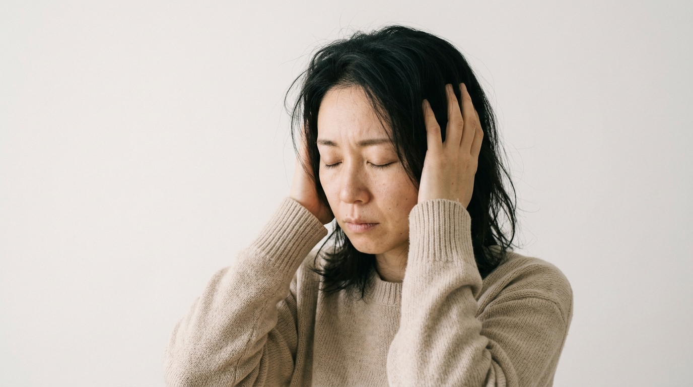 頭鳴りで頭の横に両手を当てて目を閉じる女性