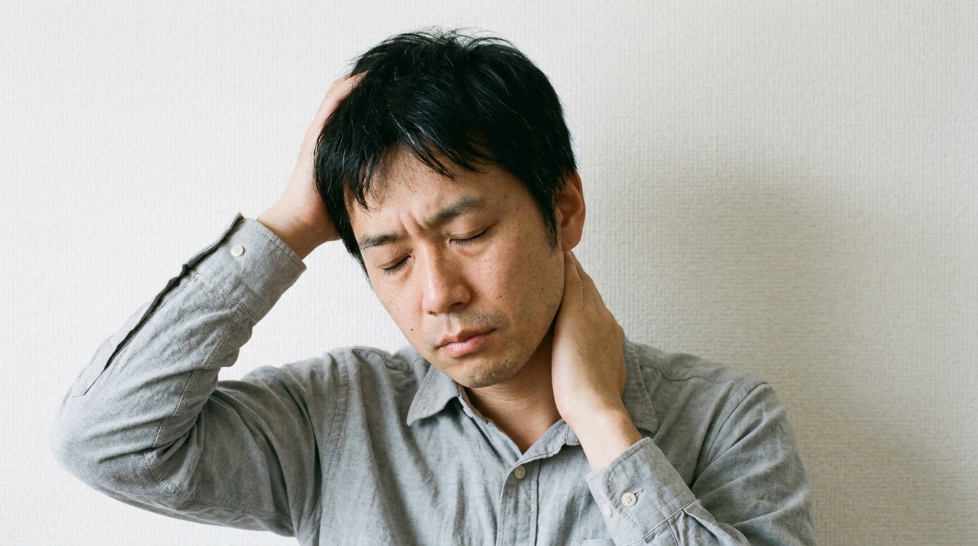 頭鳴りで頭と首を押さえて目を閉じる男性