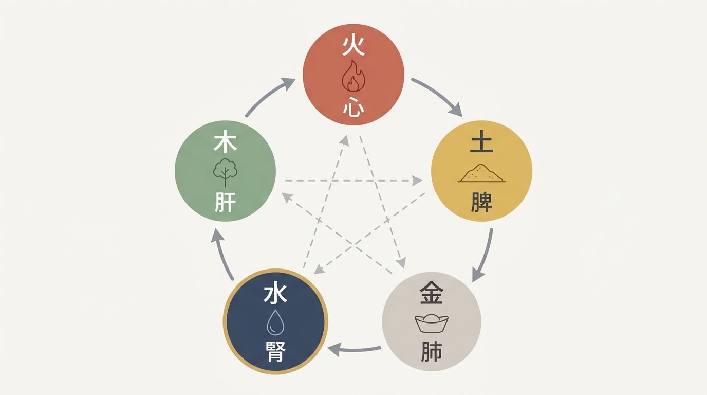 五行（木・火・土・金・水）と五臓（肝・心・脾・肺・腎）の対応と、相生・相剋の関係を示した図