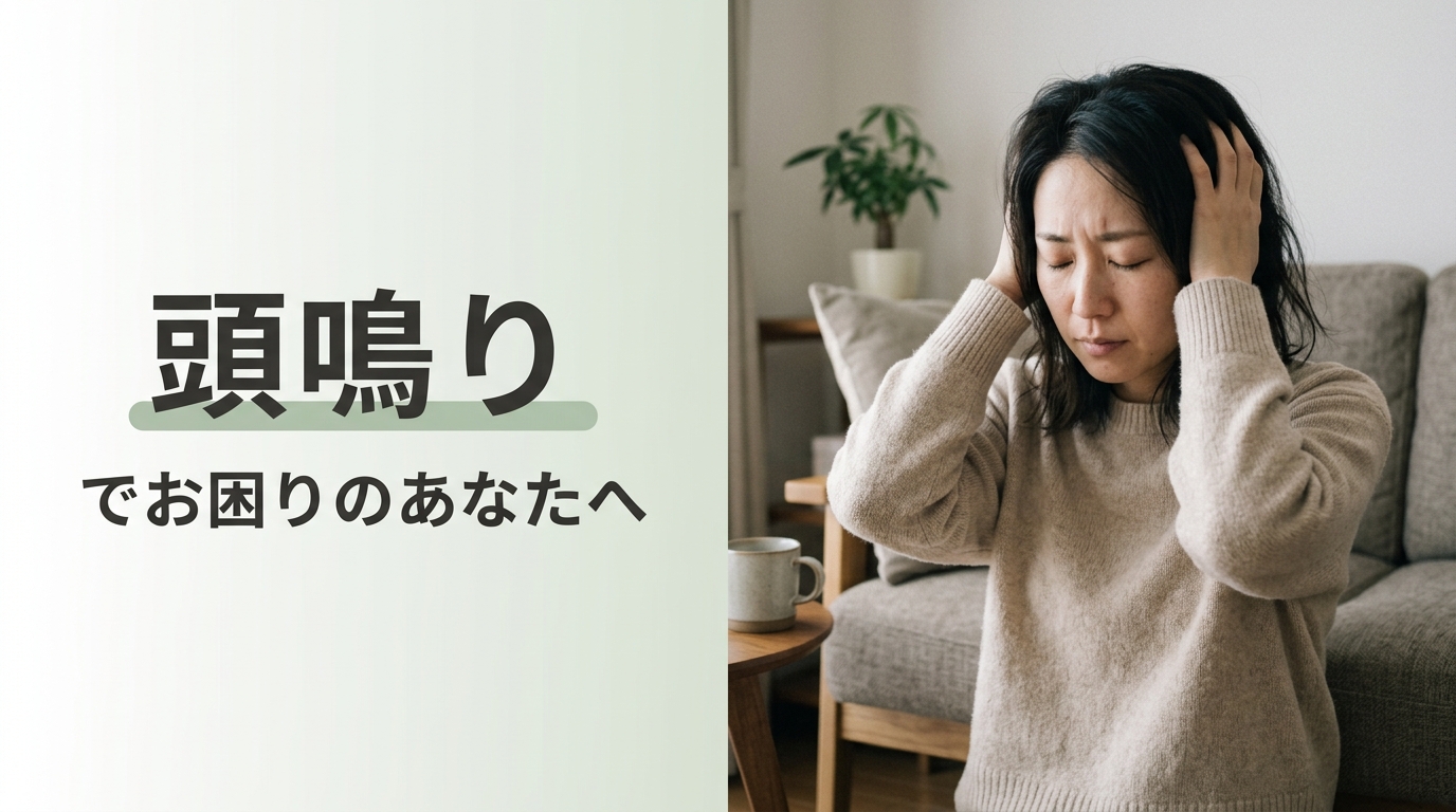 頭鳴りで頭の横に両手を当てて目を閉じる女性｜頭鳴りでお困りのあなたへ（大阪の鍼灸院・木もれび鍼灸院）