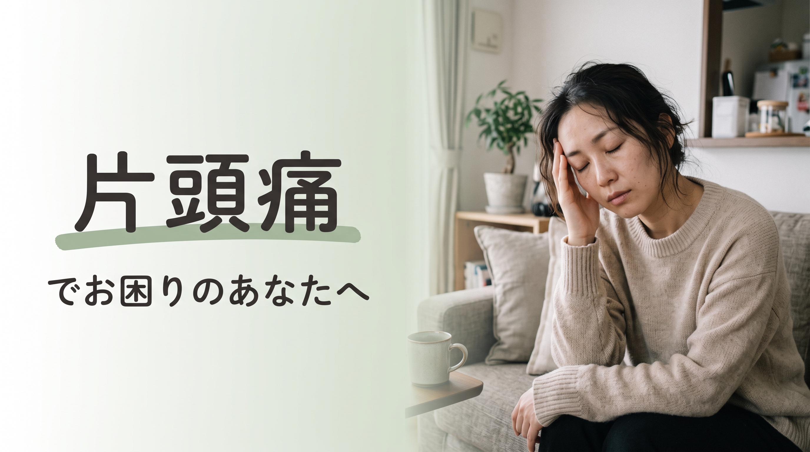 片頭痛でこめかみを押さえる女性｜片頭痛でお困りのあなたへ（大阪の鍼灸院・木もれび鍼灸院）