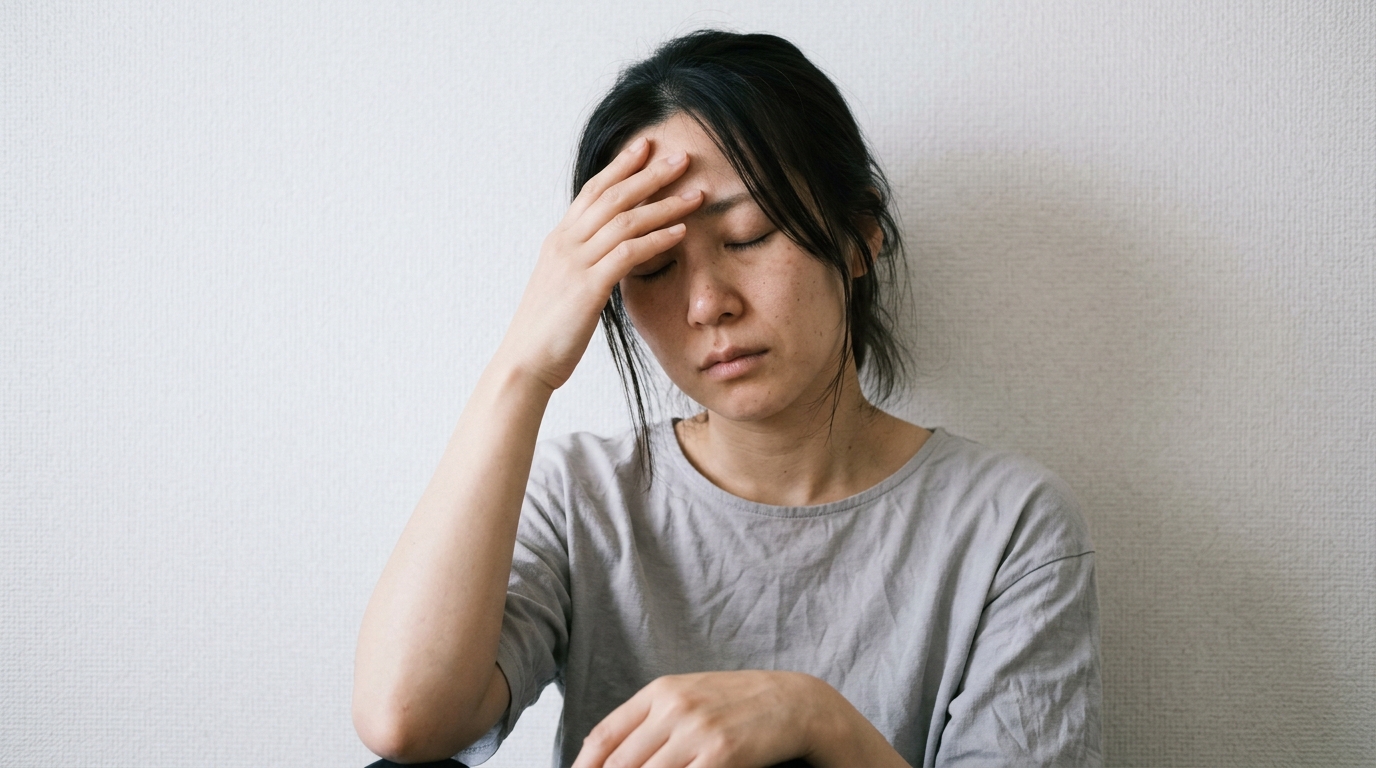 副鼻腔炎で額に手を当てて目を閉じる女性