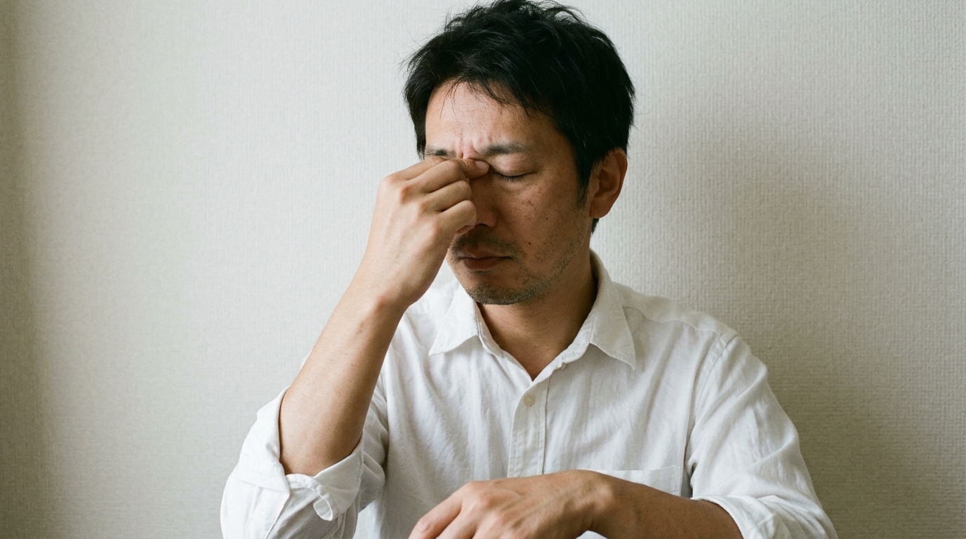 副鼻腔炎で鼻の付け根を指で押さえて目を閉じる男性