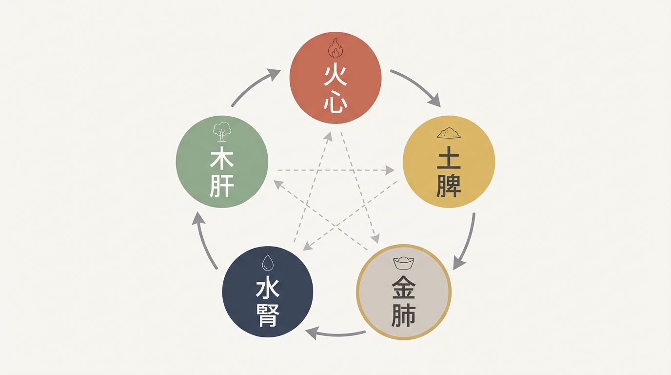 五行（木・火・土・金・水）と五臓（肝・心・脾・肺・腎）の対応と、相生・相剋の関係を示した図