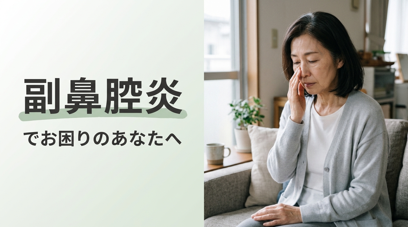 副鼻腔炎で、鼻の横に指先を当てて目を伏せる女性｜副鼻腔炎でお困りのあなたへ（大阪の鍼灸院・木もれび鍼灸院）