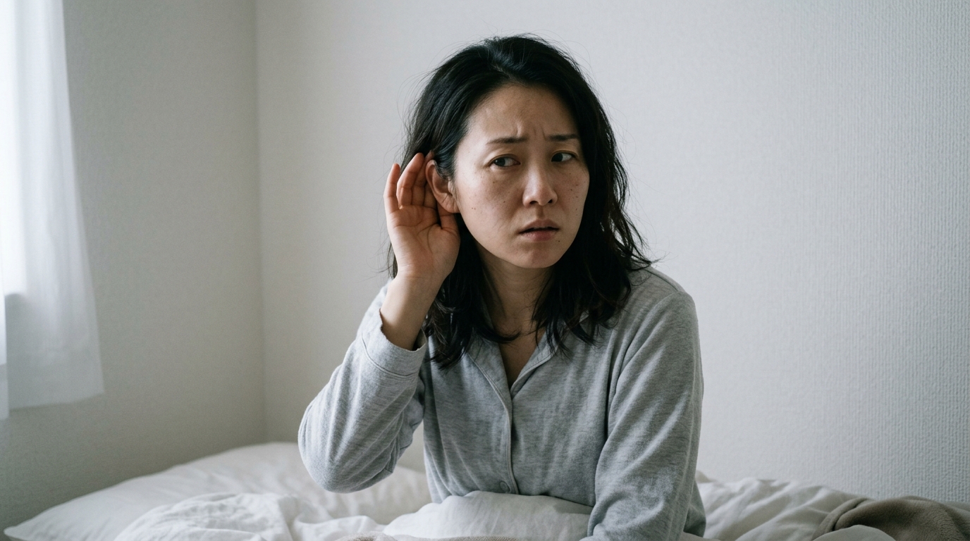突発性難聴で、朝、片耳の後ろに手をかざして聞こえを確かめる女性