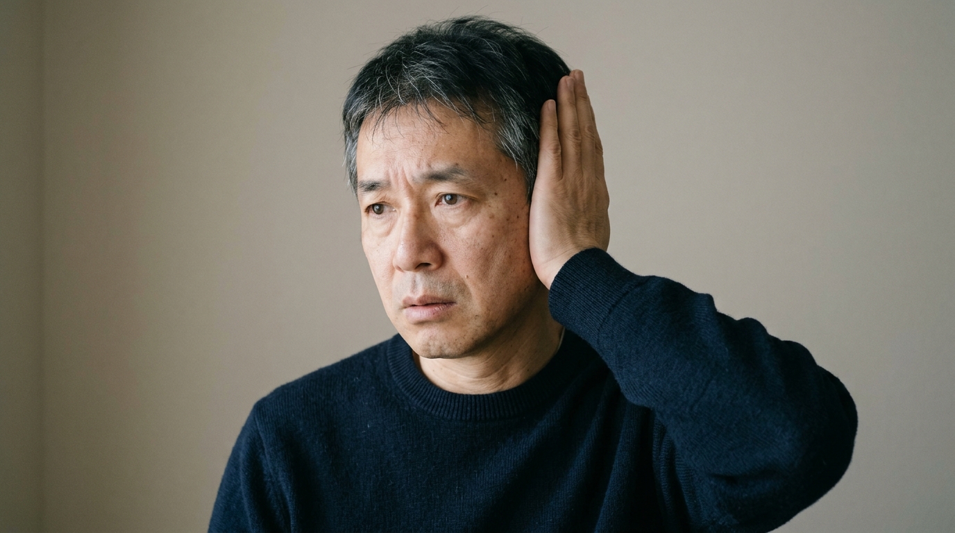 突発性難聴で片耳を手で押さえて不安そうな表情を浮かべる男性