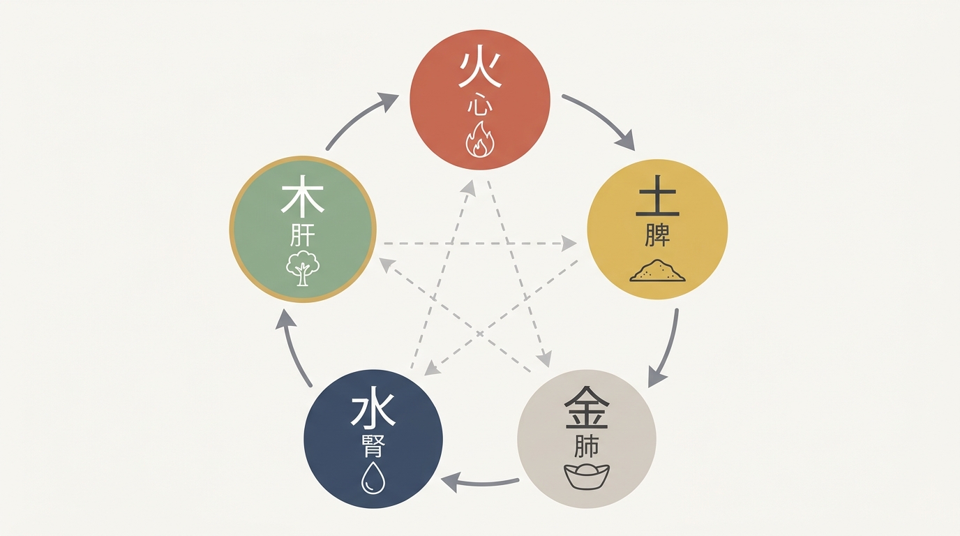 五行（木・火・土・金・水）と五臓（肝・心・脾・肺・腎）の対応と、相生・相剋の関係を示した図