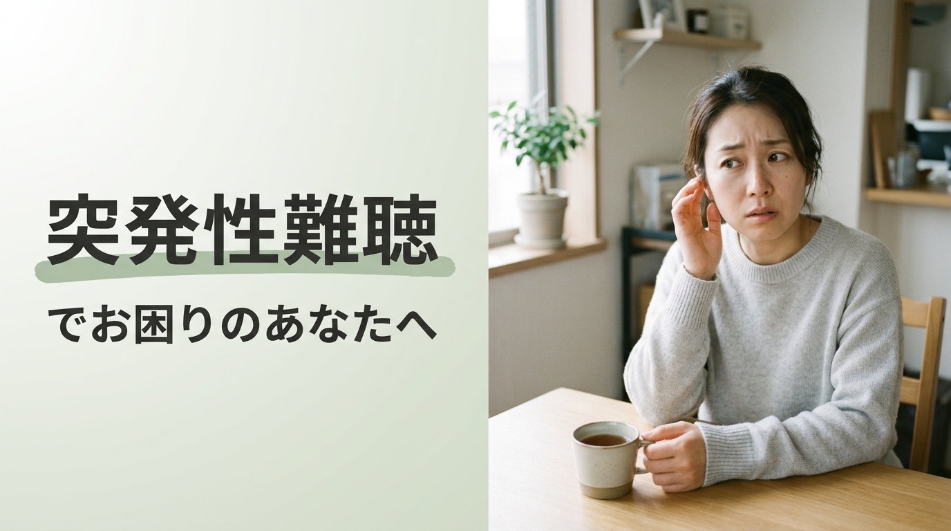 突発性難聴で耳元に指先を当てて首をかしげる女性｜突発性難聴でお困りのあなたへ（大阪の鍼灸院・木もれび鍼灸院）