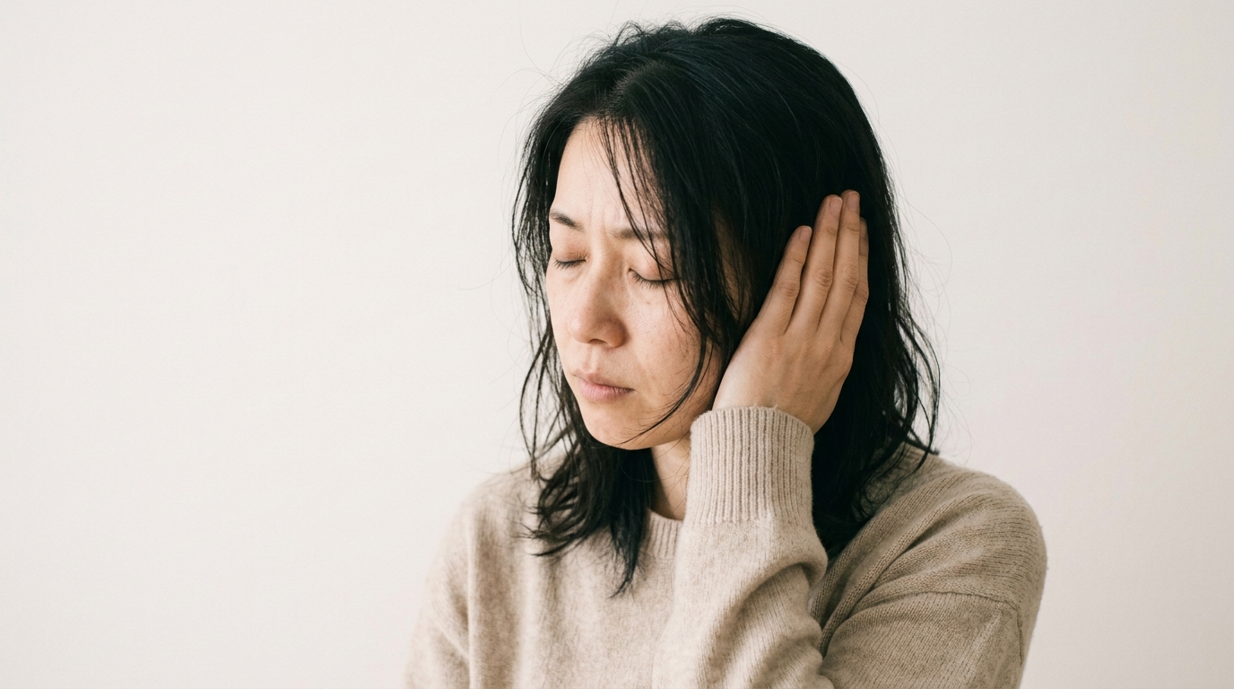 耳鳴りで片耳に手を当てて目を閉じる女性