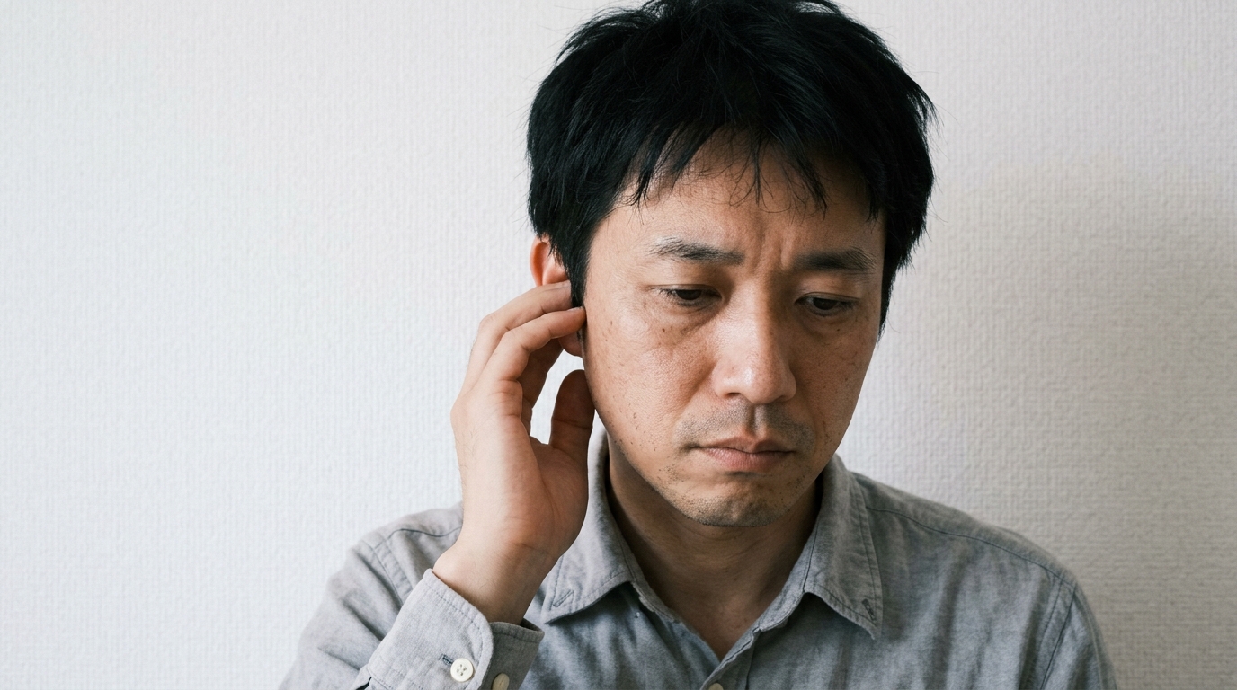 耳鳴りで耳に手を当てて考え込む男性