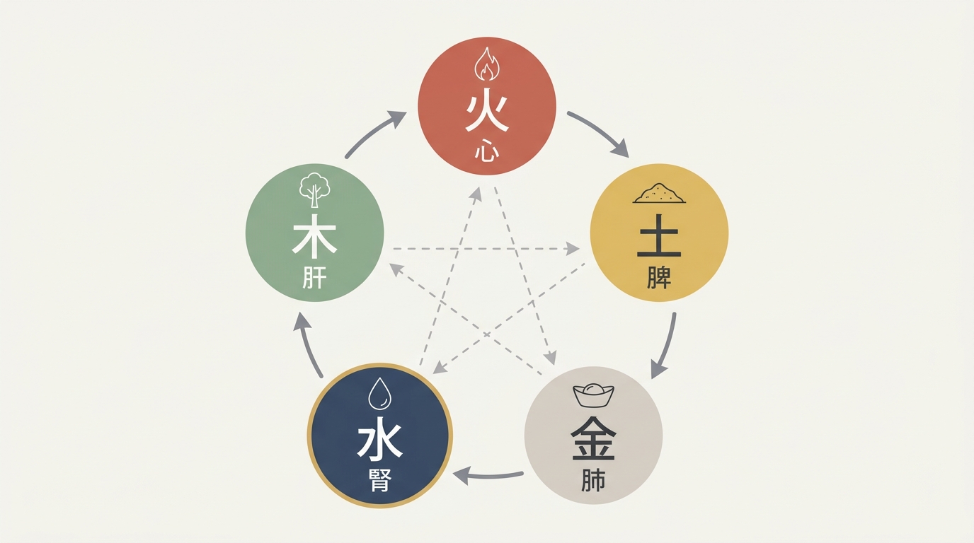 五行（木・火・土・金・水）と五臓（肝・心・脾・肺・腎）の対応と、相生・相剋の関係を示した図