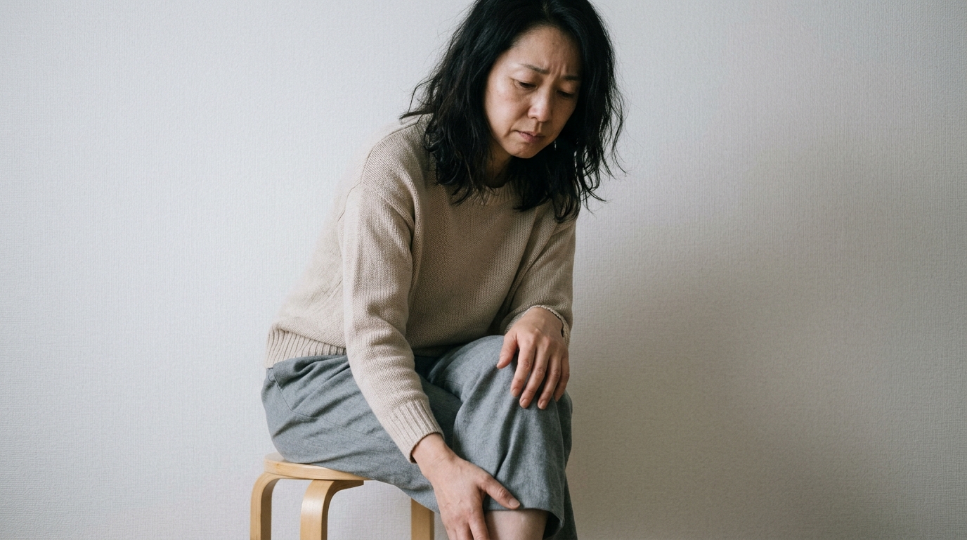 2型糖尿病による足先のしびれが気になり、ひざ下に手を添える女性