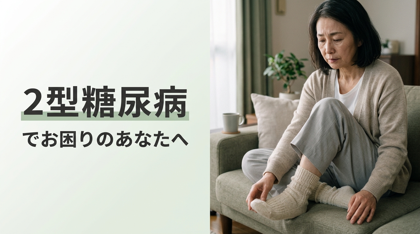 2型糖尿病で、ソファに座って足先に手を添える女性｜2型糖尿病でお困りのあなたへ（大阪の鍼灸院・木もれび鍼灸院）
